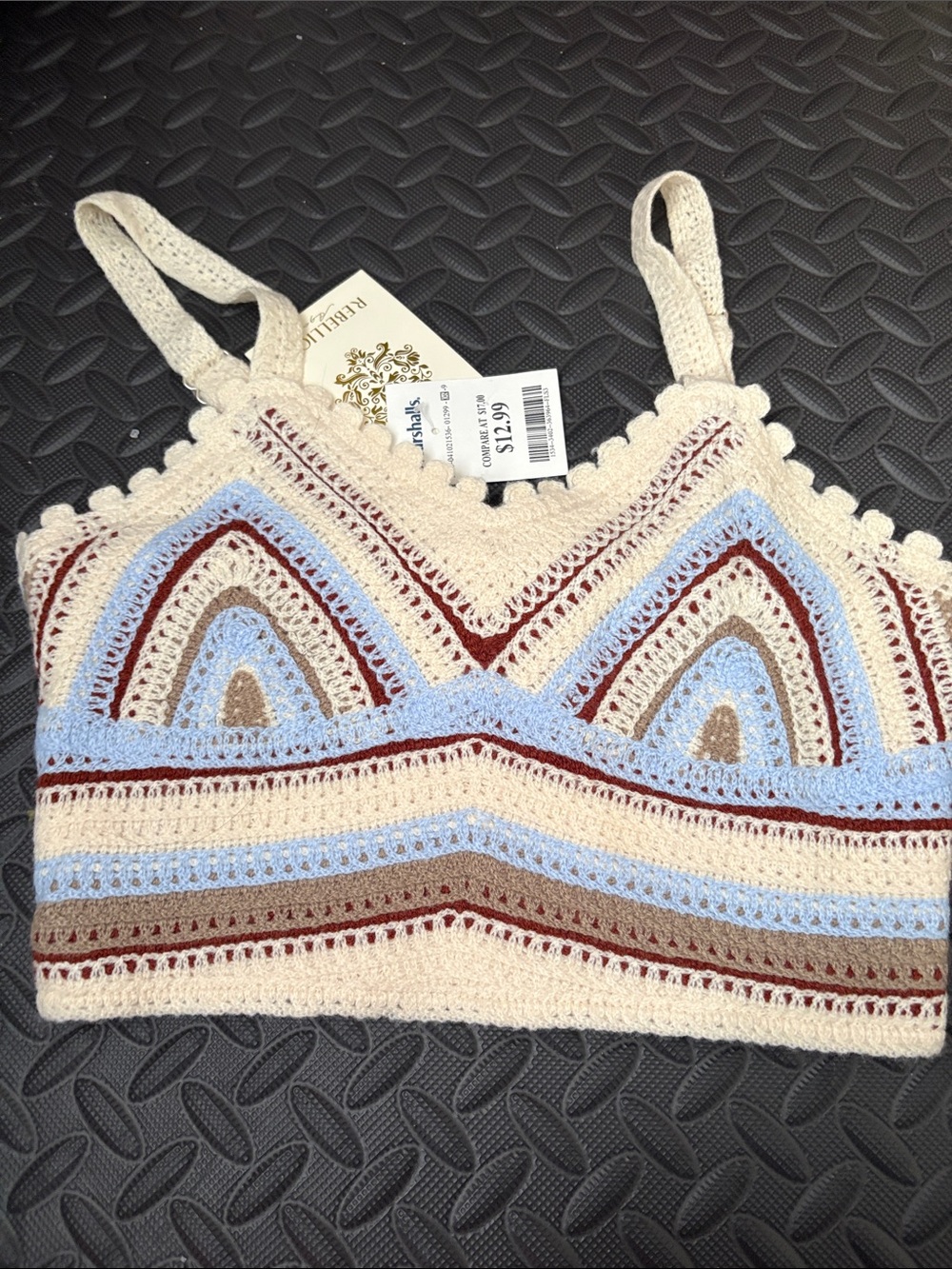 Rebellion Crochet Crop Top - Cream, Blue & Brown